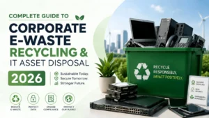 Complete Guide to Corporate E-Waste Recycling & IT Asset Disposal 2026 featuring secure IT asset disposal, corporate electronics recycling, data destruction, and sustainable e-waste management solutions for businesses.