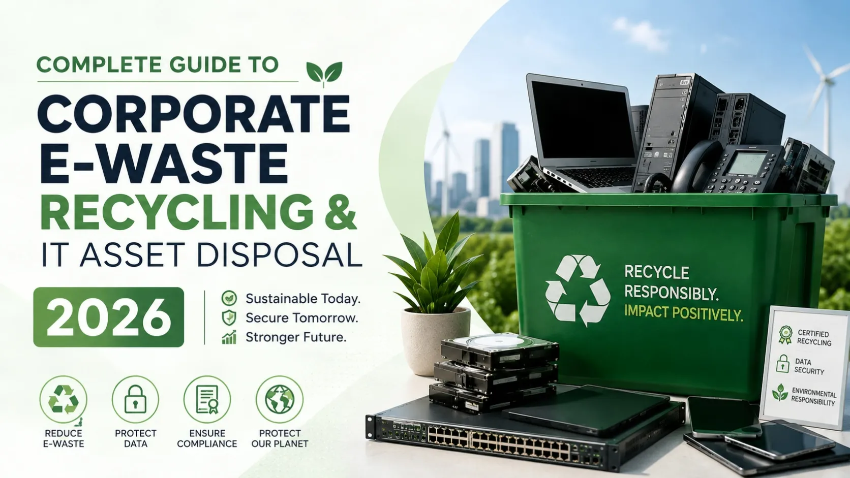 Complete Guide to Corporate E-Waste Recycling & IT Asset Disposal 2026 featuring secure IT asset disposal, corporate electronics recycling, data destruction, and sustainable e-waste management solutions for businesses.