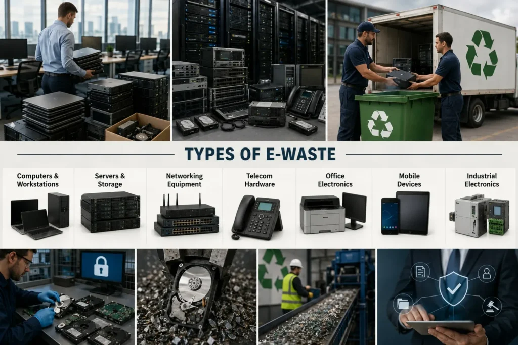 Professional infographic showing enterprise e-waste categories including computers and workstations, servers and storage, networking equipment, telecom hardware, office electronics, mobile devices, and industrial electronics with secure IT asset disposal and recycling process visuals.