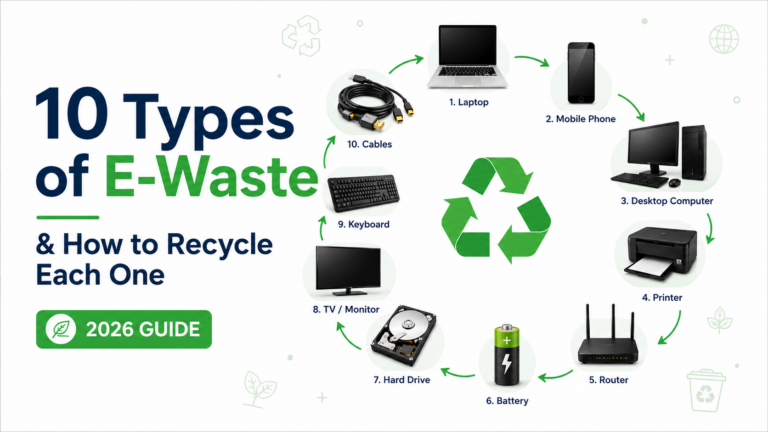 Infographic showing 10 types of e-waste including laptops, mobile phones, desktop computers, printers, routers, batteries, hard drives, TVs, keyboards, and cables arranged around a recycling symbol with the title '10 Types of E-Waste & How to Recycle Each One – 2026 Guide